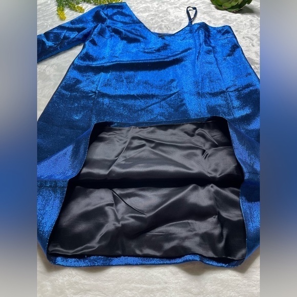 American Retro Mila Metallic Silk One Shoulder Long Sleeve Mini Dress in Blue - Picture 11 of 15
